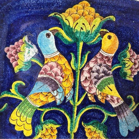 Vintage Italian Handpainted Stoneware Serving Dish Wall Hanging Floral Birds - Picture 2 of 6